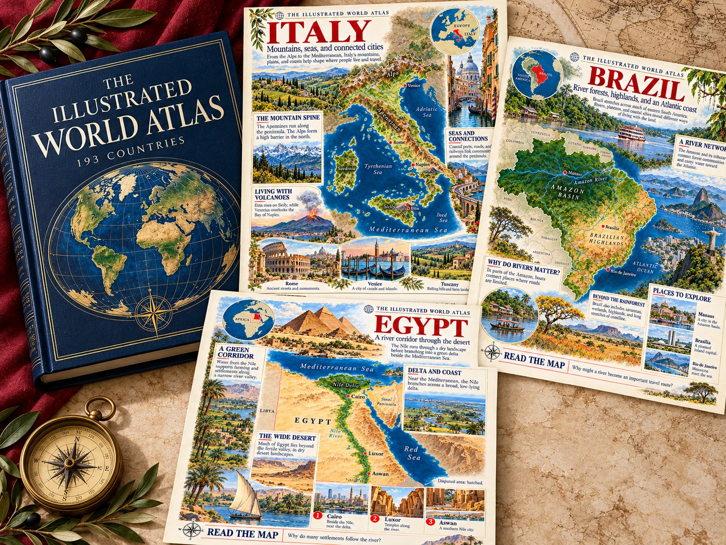 The Illustrated World Atlas mockup with actual Italy, Brazil and Egypt country pages