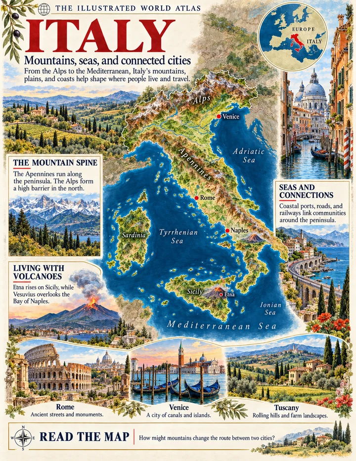 Italy illustrated atlas page with maps and landscapes