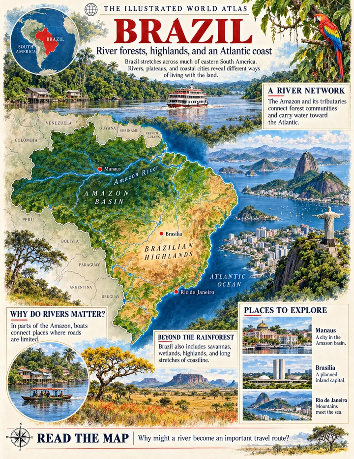 Brazil illustrated atlas page with maps and landscapes