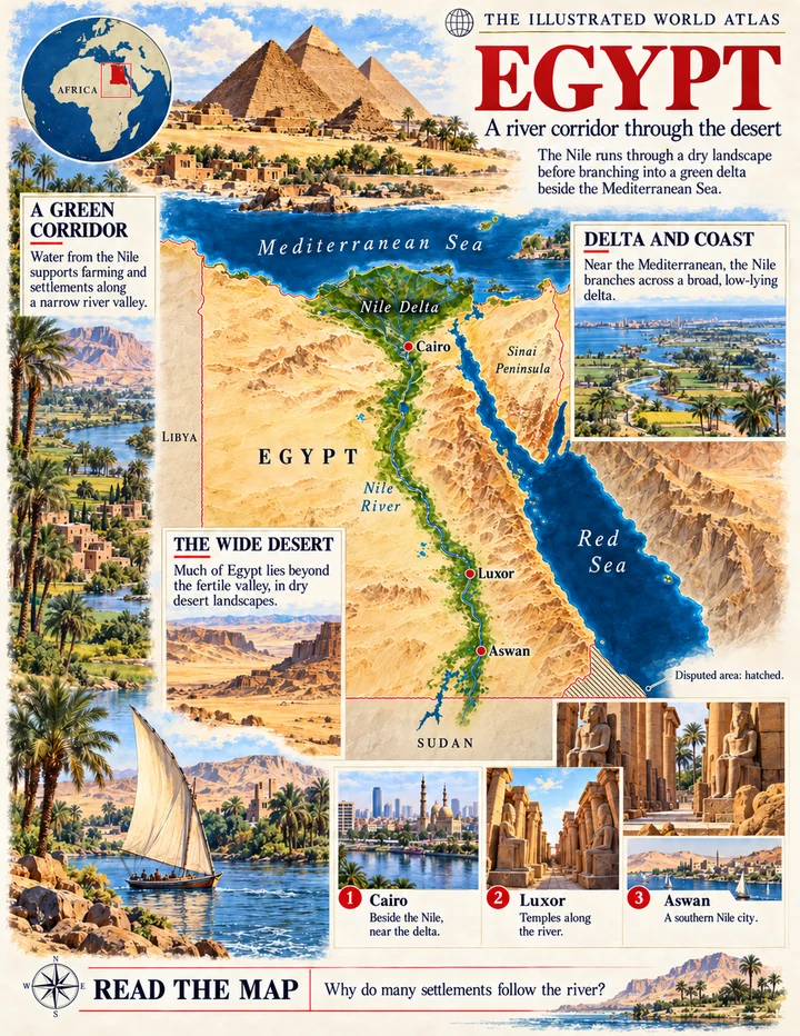 Egypt illustrated atlas page with maps and landscapes