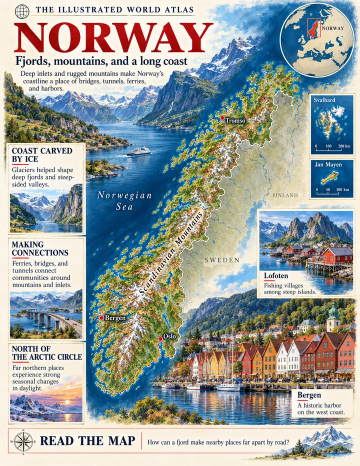 Norway illustrated atlas page with maps and landscapes