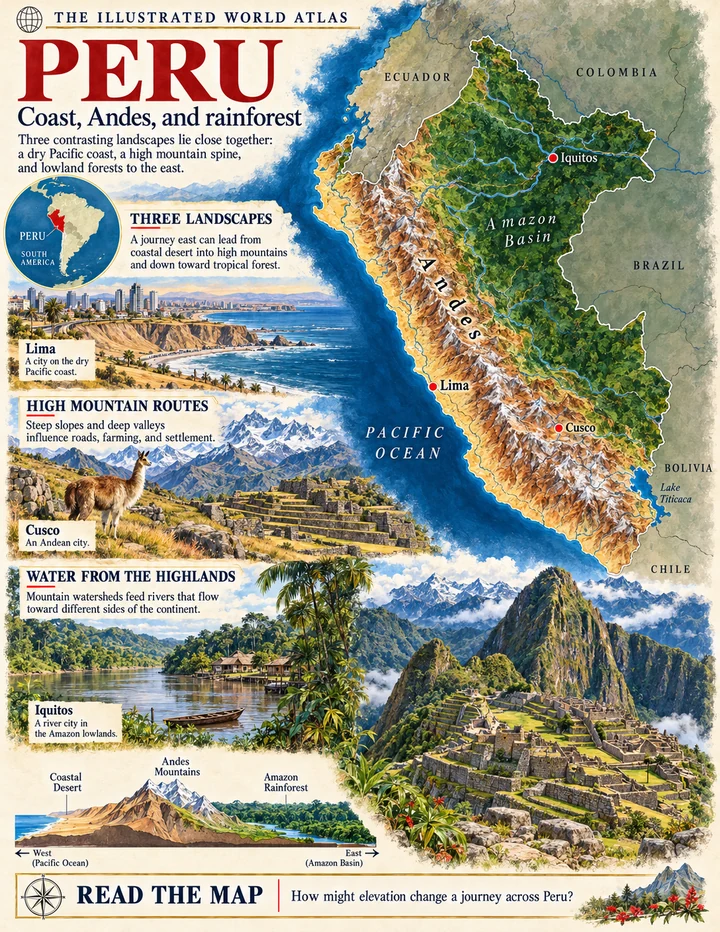 Peru illustrated atlas page with maps and landscapes