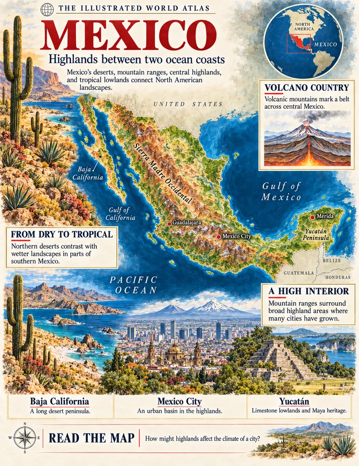 Mexico illustrated atlas page with maps and landscapes