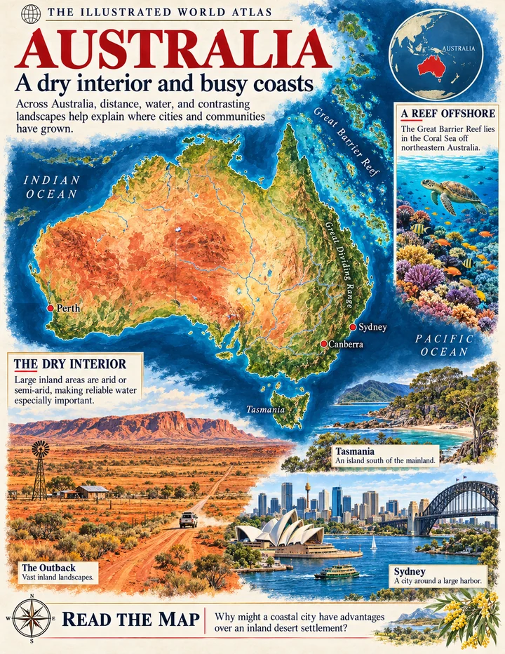 Australia illustrated atlas page with maps and landscapes