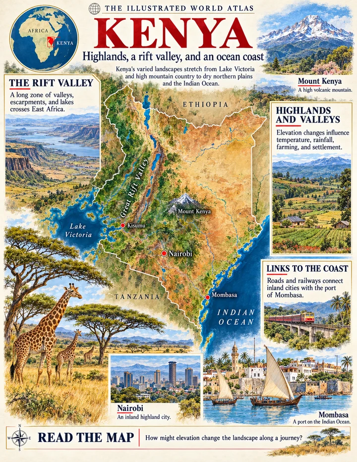Kenya illustrated atlas page with maps and landscapes