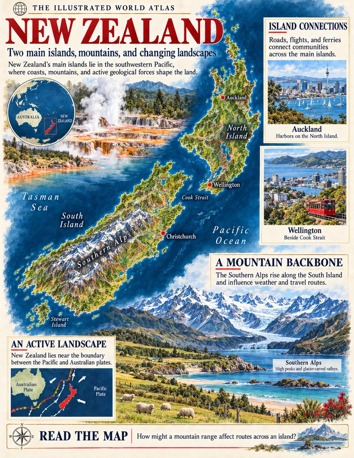 New Zealand illustrated atlas page with maps and landscapes