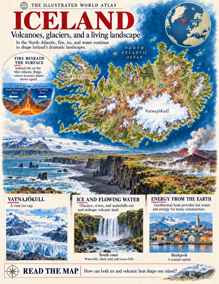 Iceland illustrated atlas page with maps and landscapes