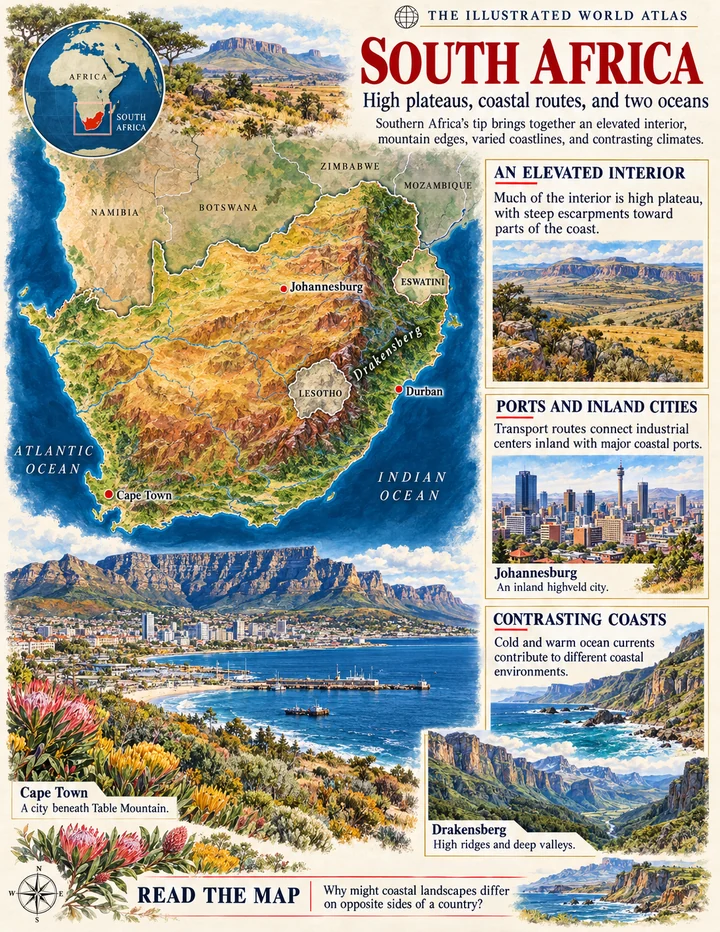 South Africa illustrated atlas page with maps and landscapes