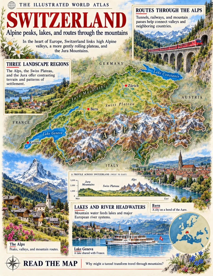 Switzerland illustrated atlas page with maps and landscapes